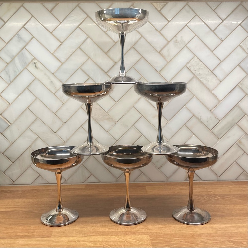 🇮🇹🍷Set of 6 Vintage Silver Plated Champagne Goblets Dessert/Wine - Made in Italy